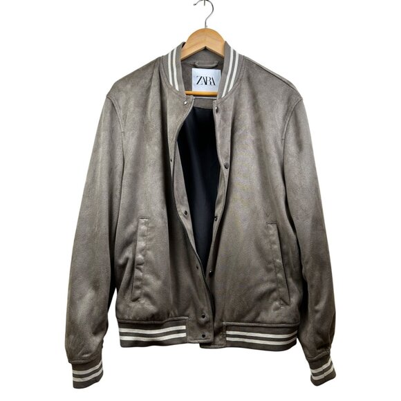 ZARA Varsity Bomber Jacket Mens M Faux Suede Taupe Tan Snap Front YKK Zip Lined - Picture 2 of 11